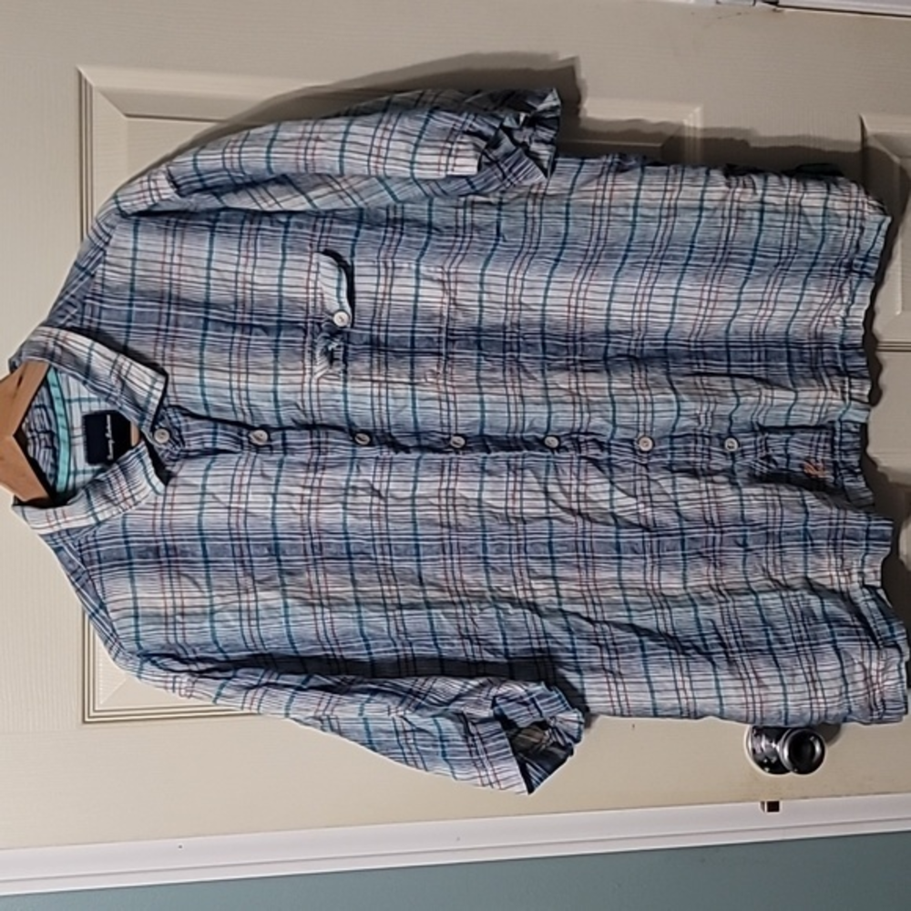 Tommy Bahama 100% Linen Blue/White/ Orange‎ Stripe Button-down Men's 1XB (2XL)